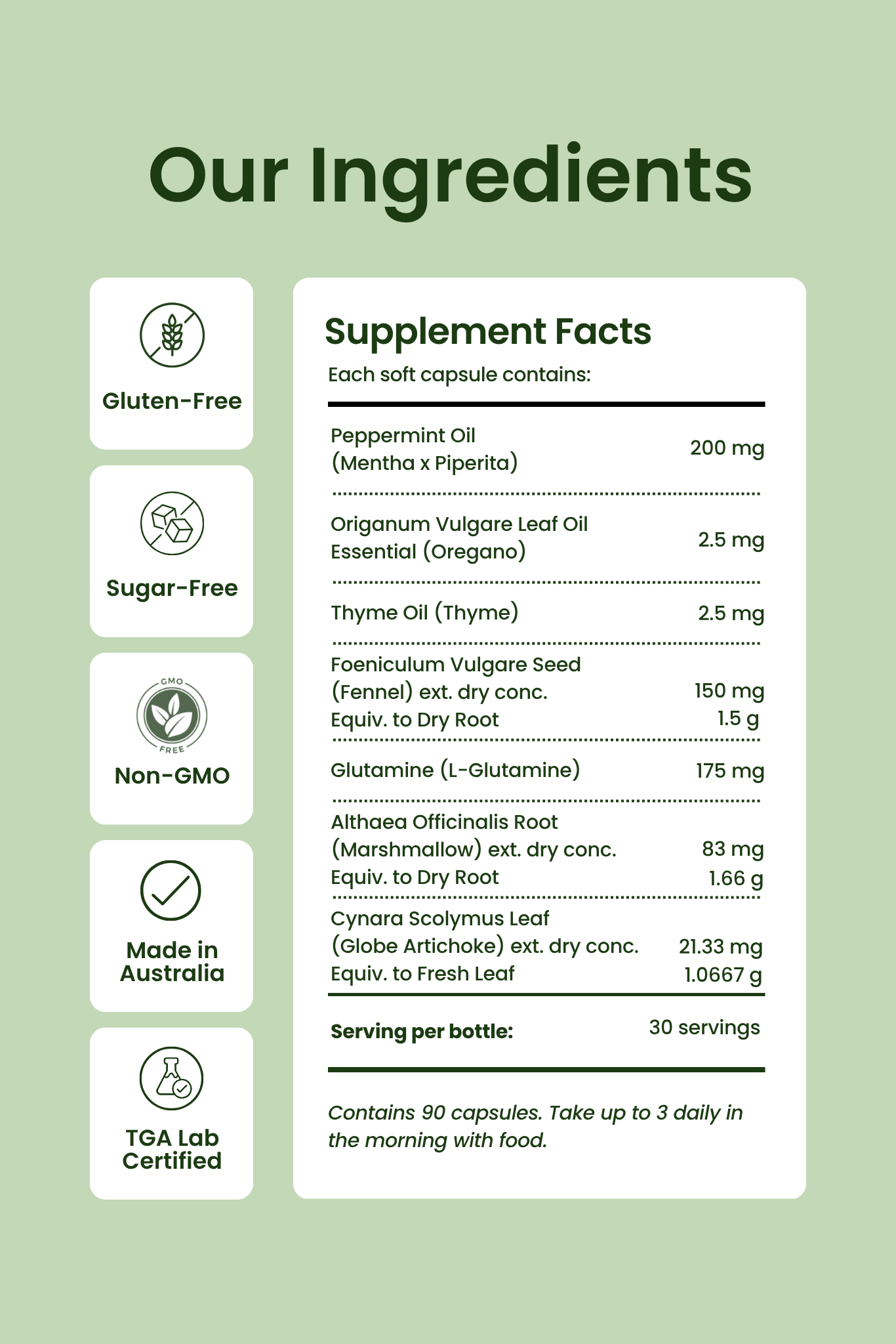 Supplement facts label with ingredients and nutritional information