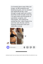 Product review with before and after images of a customer's waist, text about relief from symptoms.