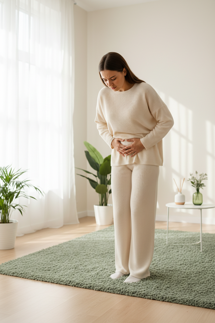 girl standing holding onto bloated stomach