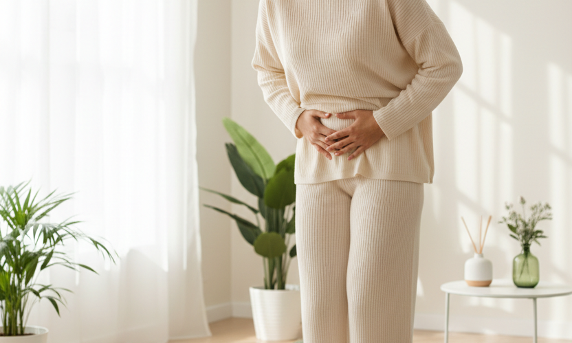 girl standing holding onto bloated stomach