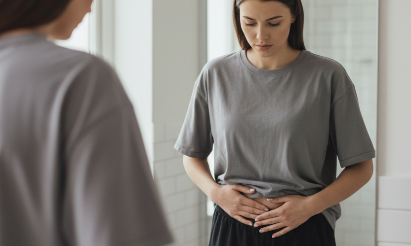 girl looking in mirror holding on to bloated stomach