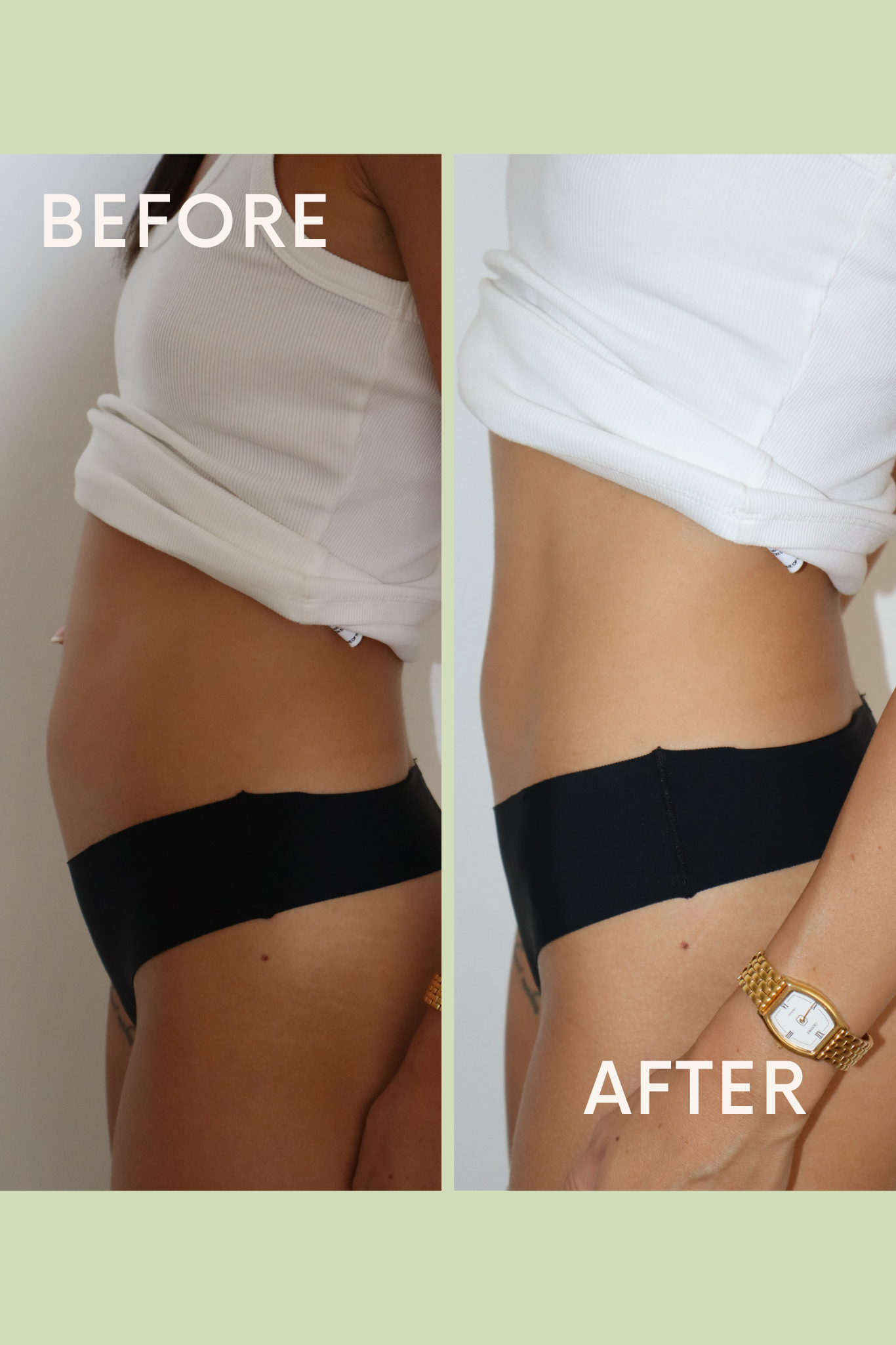 Before and after comparison of a person wearing black underwear with a gold watch.