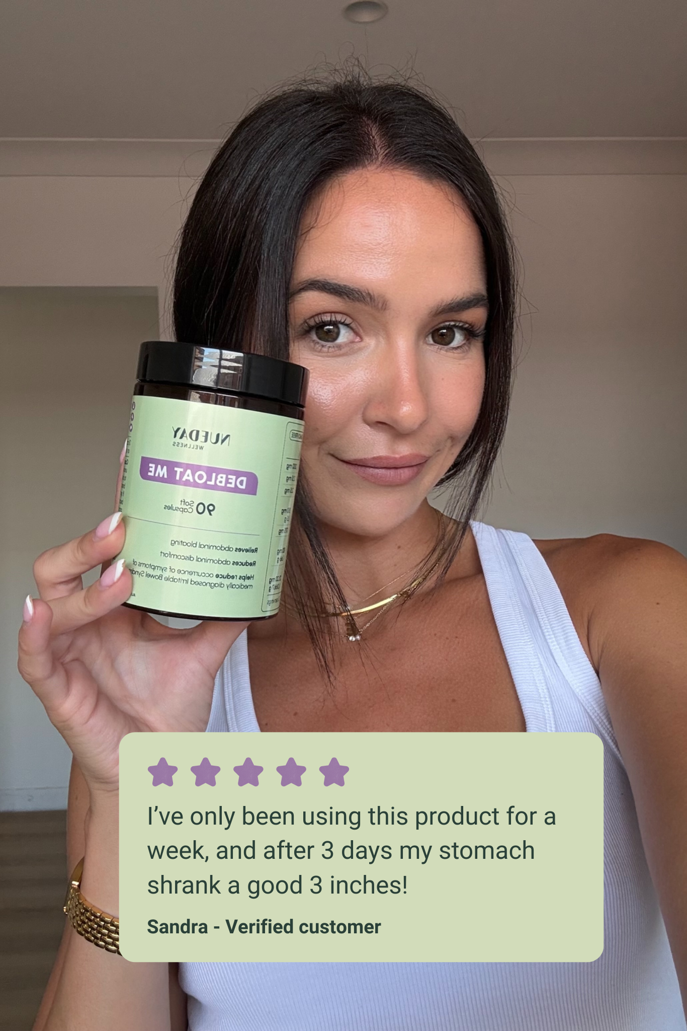 Woman holding a supplement container with a five-star rating card and customer testimonial.