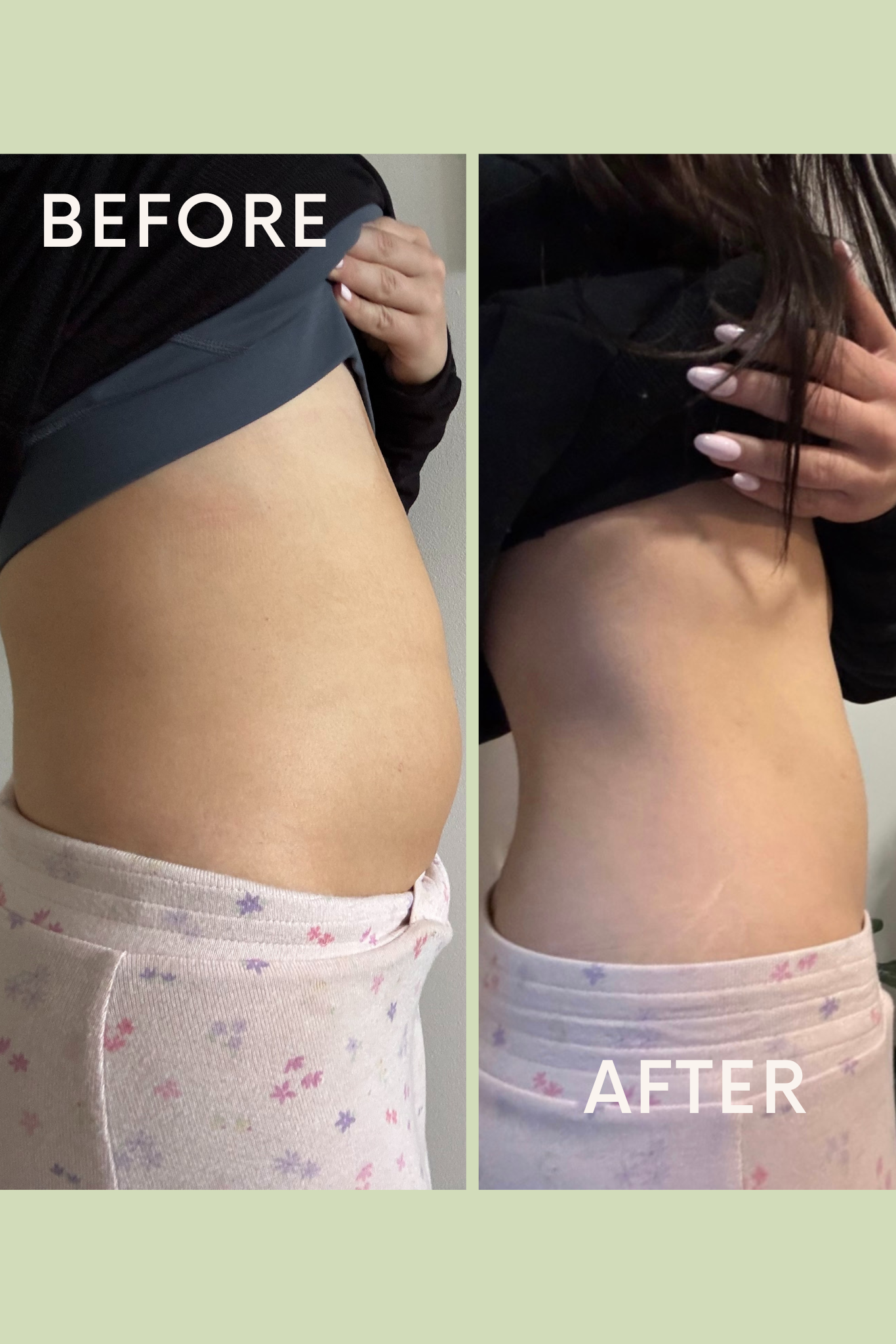 Before and after comparison of a person's waist area with a green background.