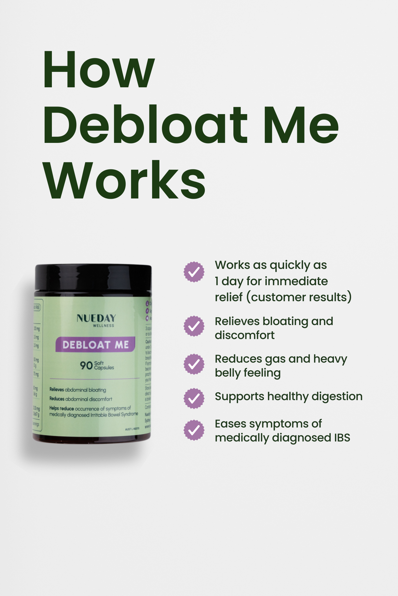 NUDAY Debloat Me supplement bottle with text on a white on background with text referring to how Debloat Me works. 