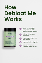 NUDAY Debloat Me supplement bottle with text on a white on background with text referring to how Debloat Me works. 