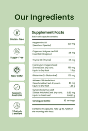Supplement facts label with ingredients and nutritional information on a green background