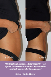 Before and after comparison of a person wearing black underwear with text from a verified buyer.